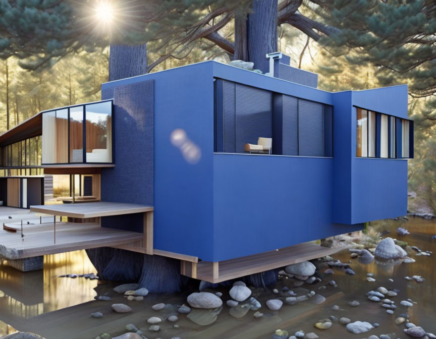 Modern Blue House with Large Windows Overhanging Stream