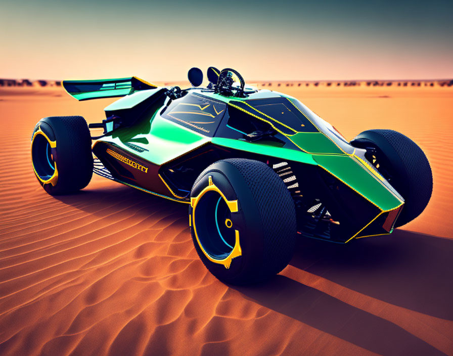 Sleek futuristic race car with black and green livery in desert setting