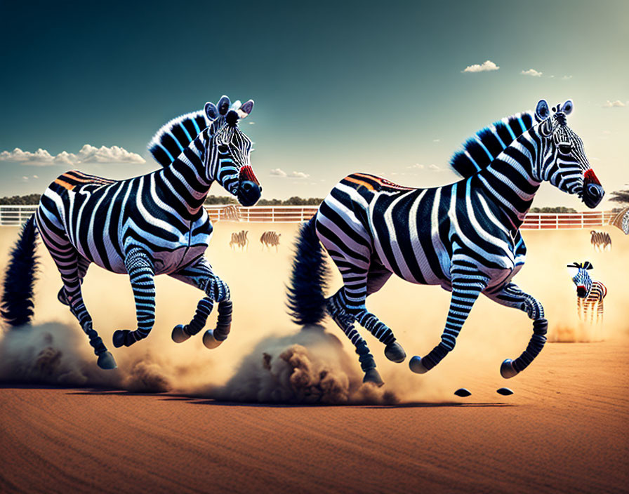 Spiral-striped zebras racing on sandy track with blurred audience