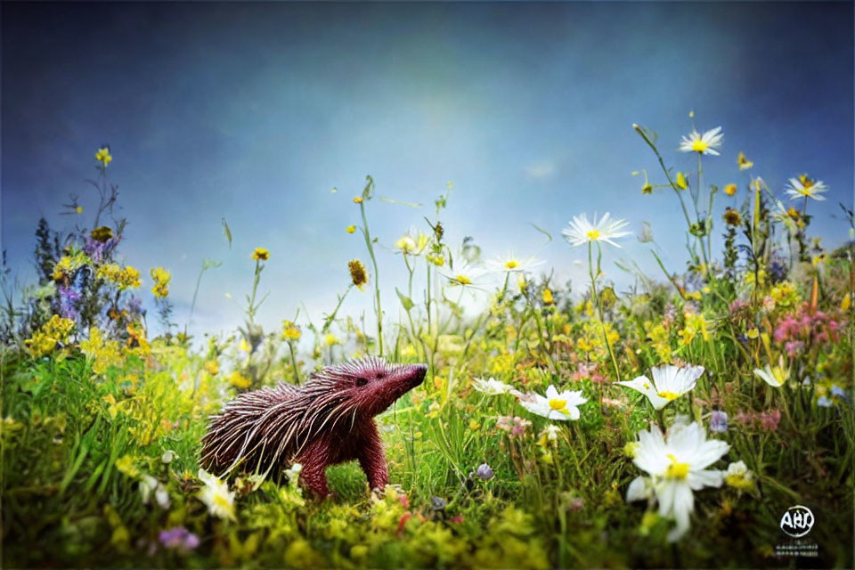 Hedgehog in Wildflowers Under Moody Sky