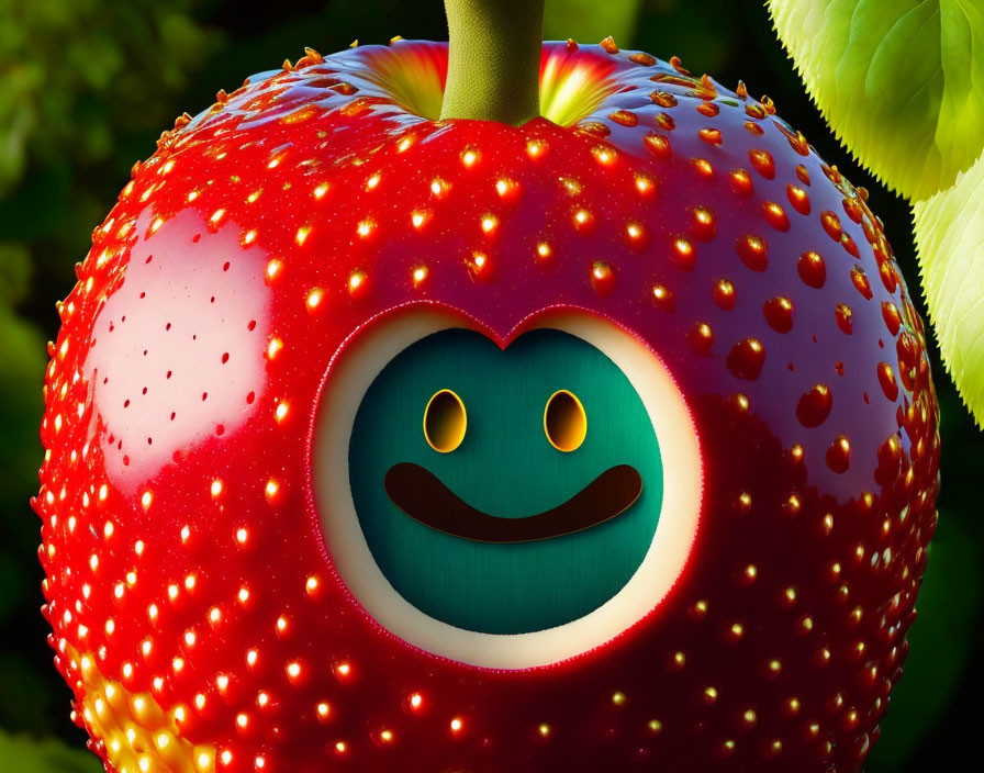 Colorful anthropomorphized strawberry close-up on green background