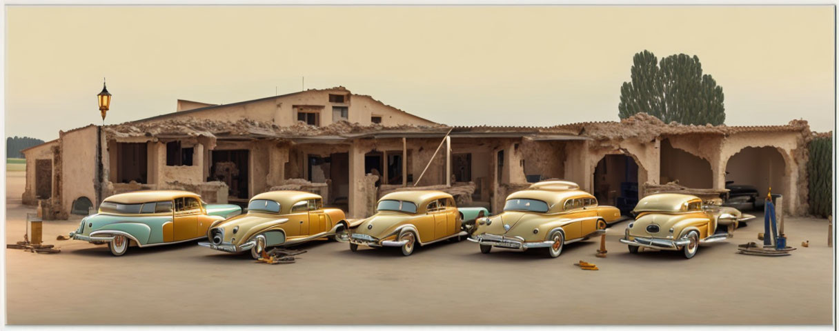 Vintage cars in pastel colors outside old building with street lamp.