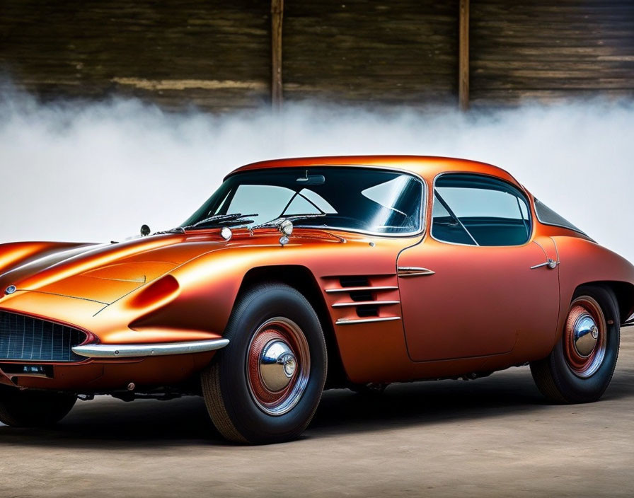 Vintage Orange Sports Car with Side Gills in Garage Setting