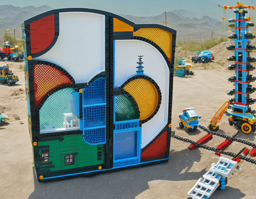 Colorful Large LEGO Folding Screen with Asian Landscape & Vehicle Activity