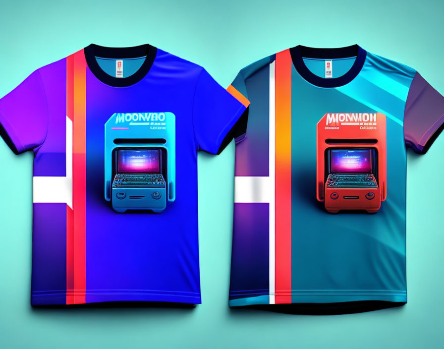 Retro-themed T-shirts with arcade machine graphics in two color combinations