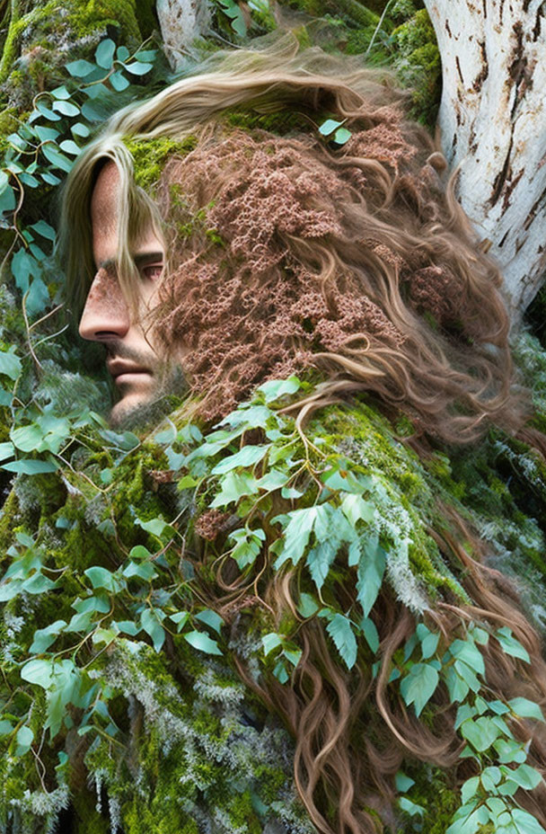 Portrait of a person blending into moss-covered tree