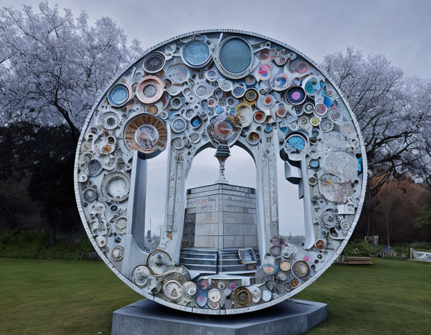 Circular reflective sculpture with mirrors on pedestal outdoors