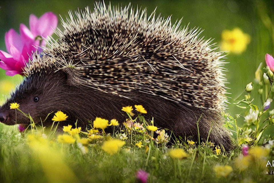 Spiky quilled hedgehog in vibrant flower field