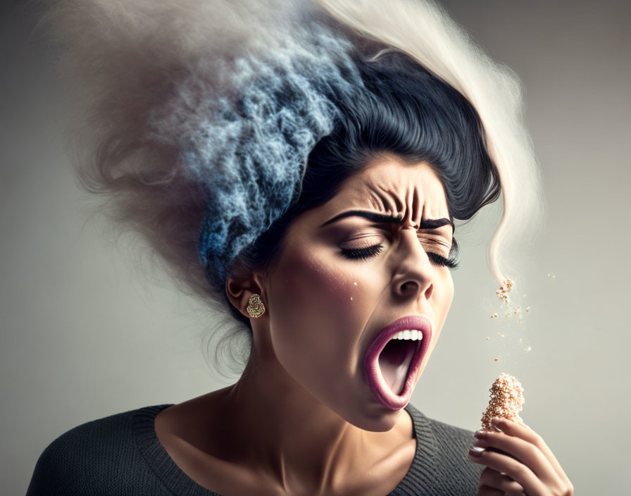 Exaggerated hair explosion woman mid-sneeze with flying particles