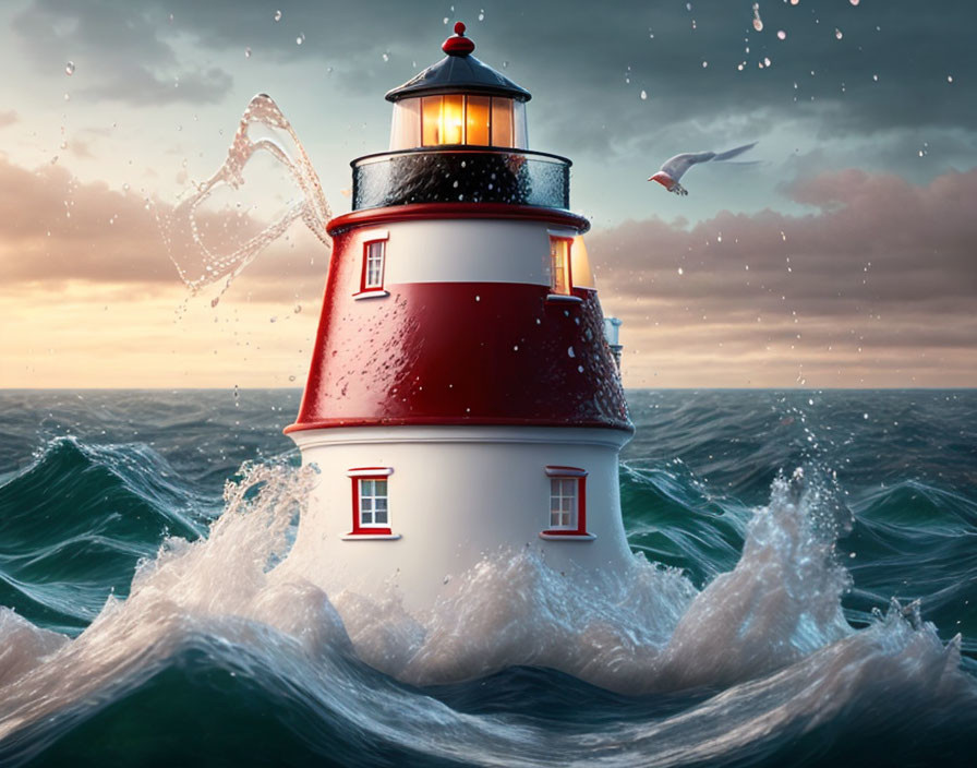 Red and White Lighthouse in Stormy Sea with Seagull