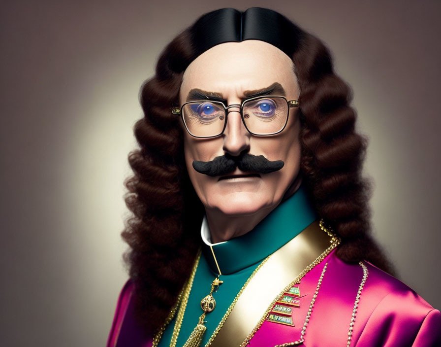 Character illustration with mustache, glasses, curly hair, magenta outfit, medals, and blue s