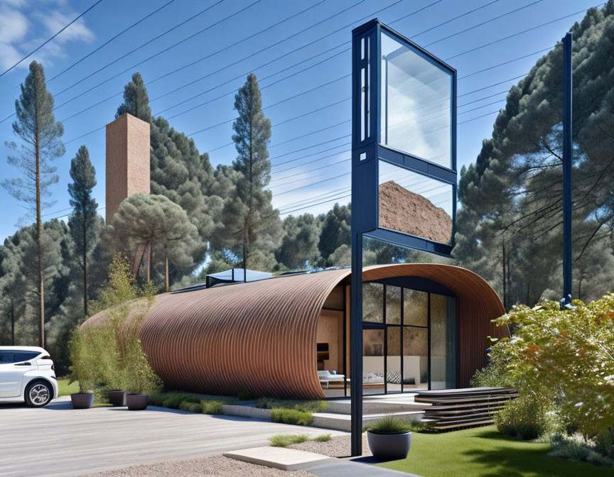 Curved wood-paneled building among tall pine trees and white car under blue sky