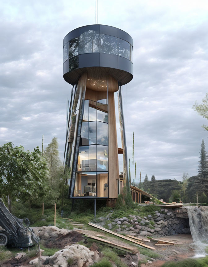 Contemporary cylindrical treehouse with glass windows and wooden supports in forest.