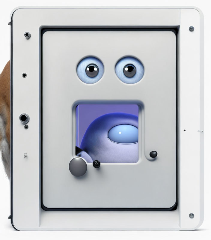 Whimsical 3D illustration of blue creature peeking through metal door opening.