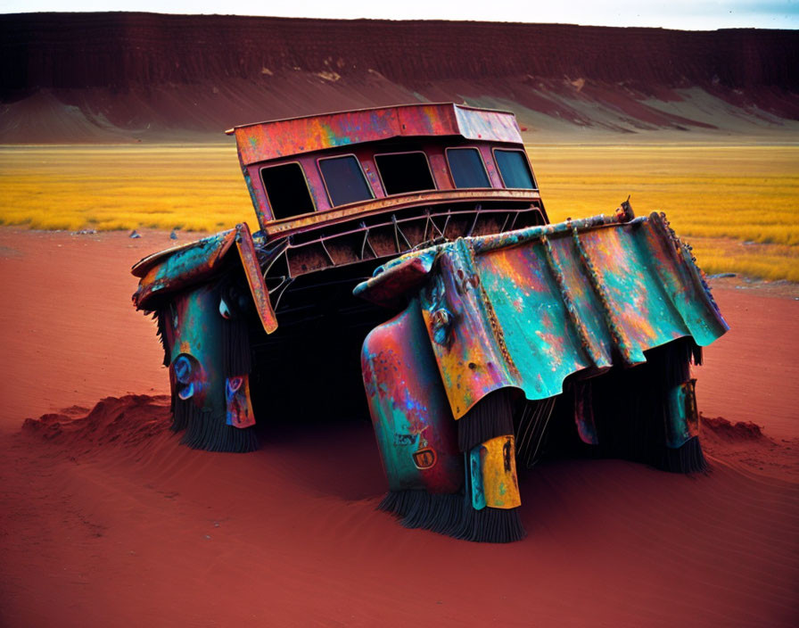 Abandoned train car with vibrant graffiti in red sand desert