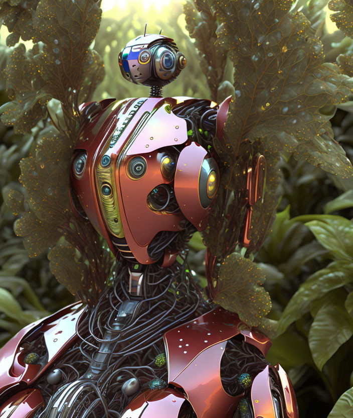 Intricate robotic figure with floating companion in lush foliage