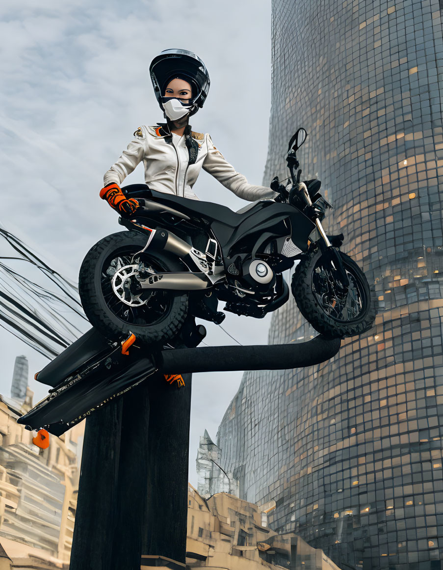 Motorcyclist in white jacket and helmet on black motorcycle with modern glass building backdrop