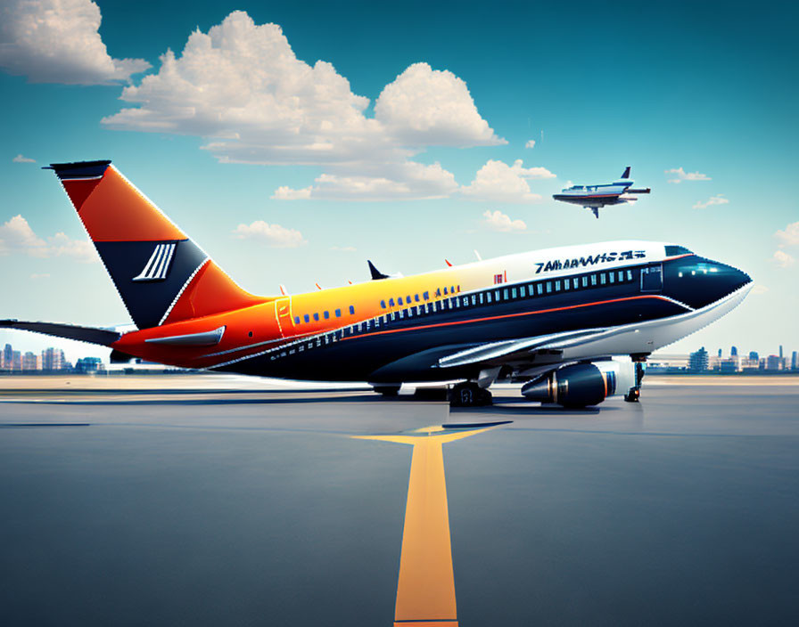 Commercial Airplanes on Tarmac with One Taking Off Against Clear Blue Sky