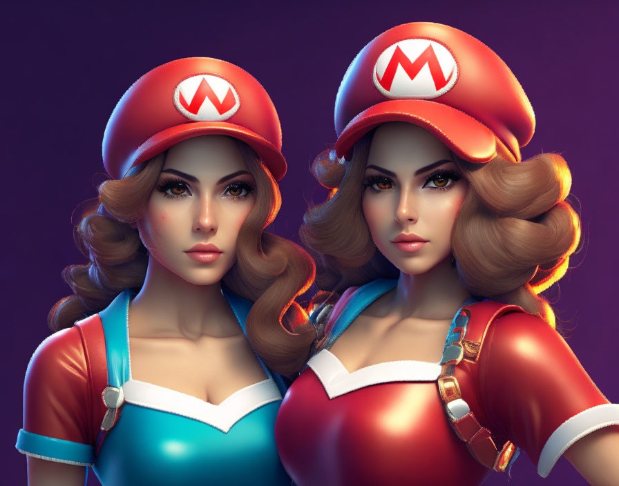 Stylized female characters in red caps and blue overalls on purple background