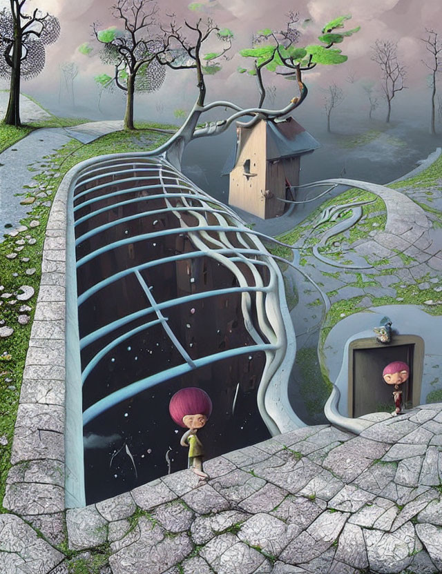 Whimsical surreal illustration of girl with umbrella on piano path