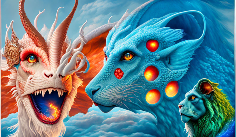 Digital artwork: White fiery-eyed dragon, blue dragon with red orbs, regal multicolored lion