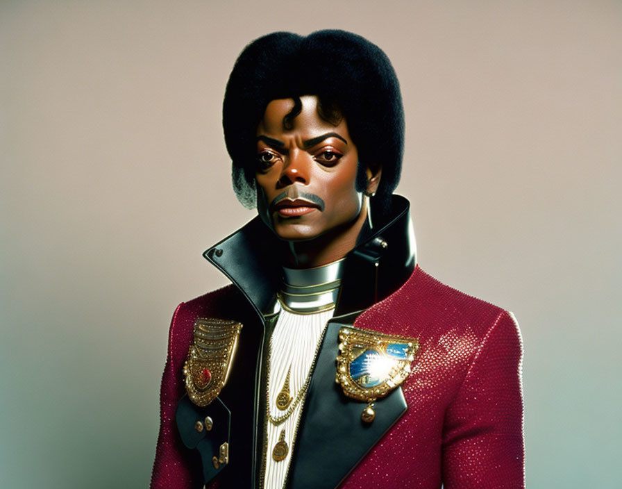 Person with Afro Hairstyle in Red & Black Military Jacket with Badges.