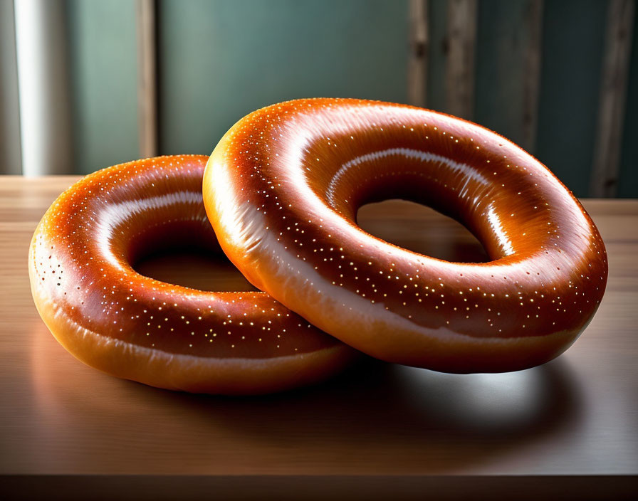 Glossy Doughnut-Inspired Inflatable Swimming Rings on Wooden Surface