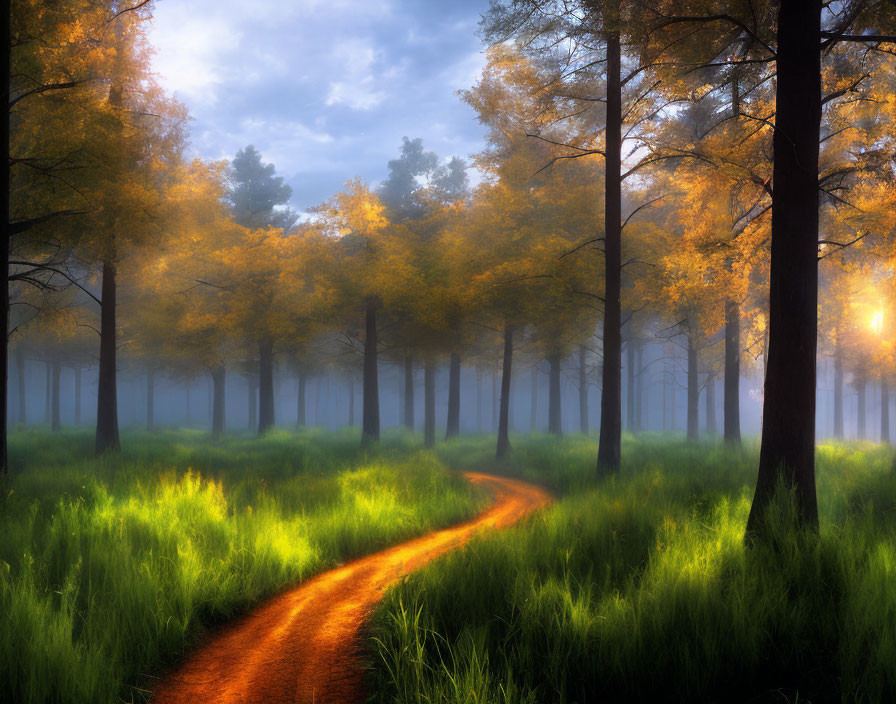 Misty forest path with golden leaves and green grass