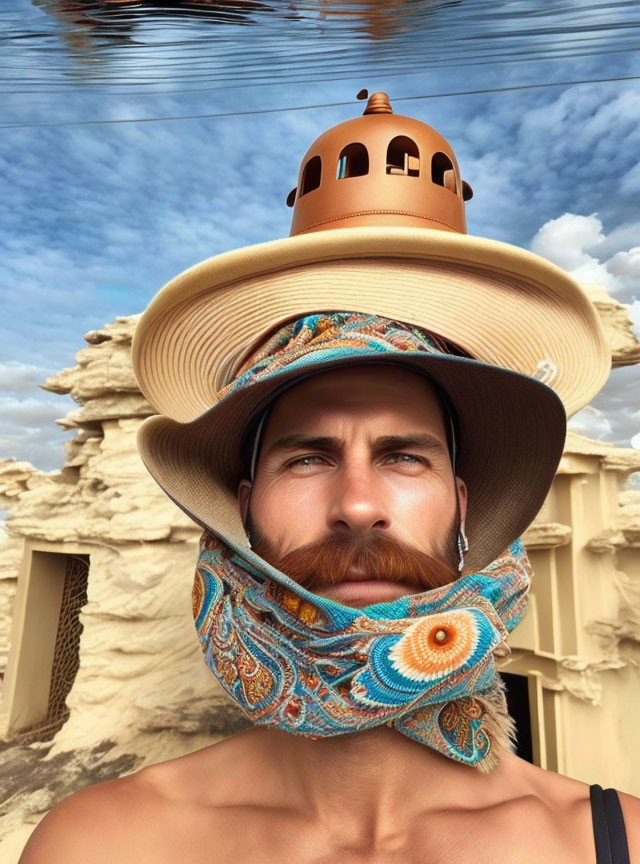 Bearded man in straw hat and colorful scarf in desert with clay structure