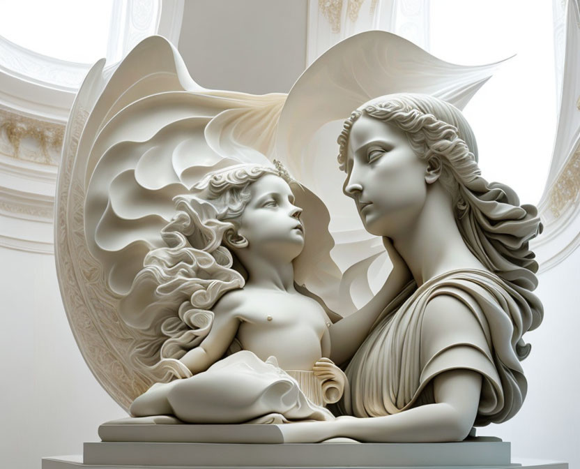 Sculpture of serene winged female figure with child and flowing drapery