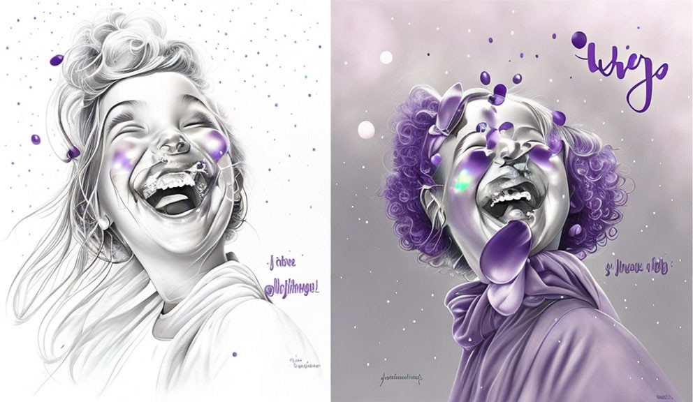 Monochromatic illustration of a joyful girl popping a bubble with purple accents