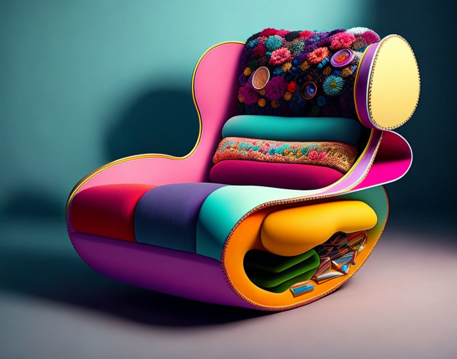 Colorful Modern Artistic Sofa with Floral Pattern on Teal Background