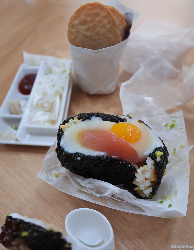 Black Sesame Seed Rice Ball with Egg and Sauce on Wooden Table