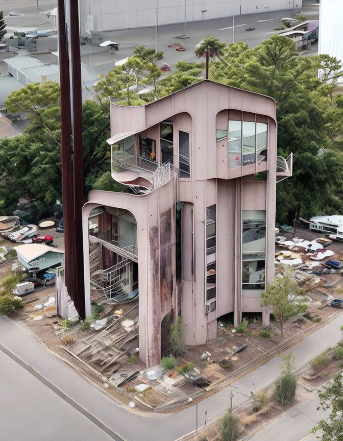 Unique Tall Pink Building Surrounded by Vehicles and Debris