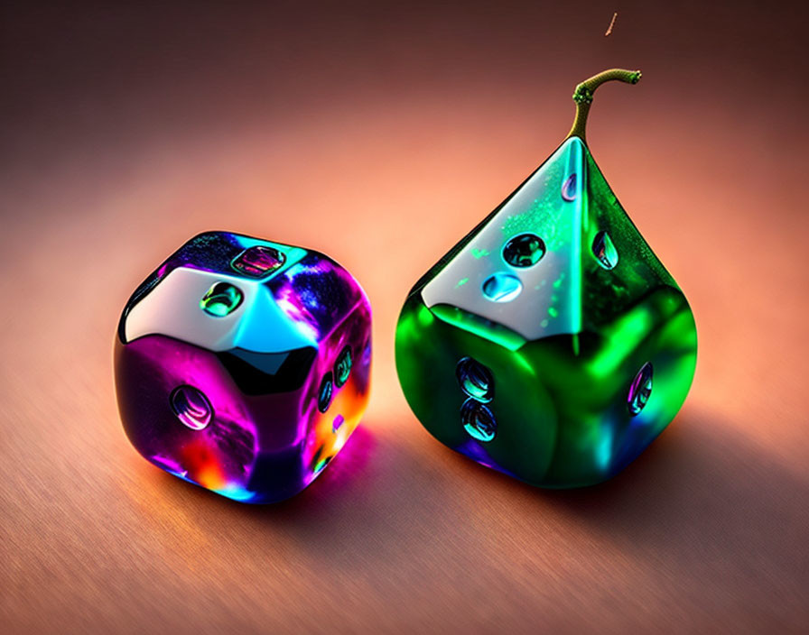 Colorful illuminated six-sided die next to pear-shaped object with numbers on warm-toned surface