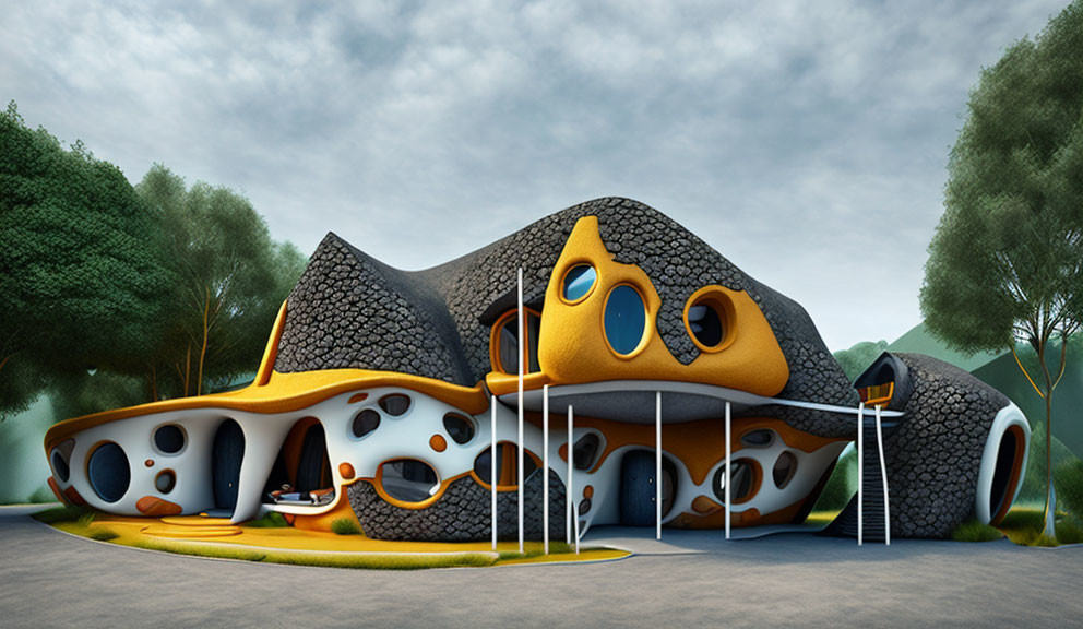 Cartoon-style whimsical house with rocky roof and round windows