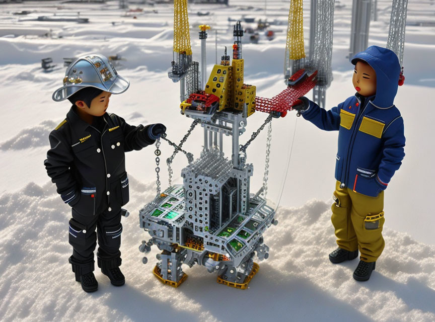 Toy figures as firefighter and construction worker examining crane in snow