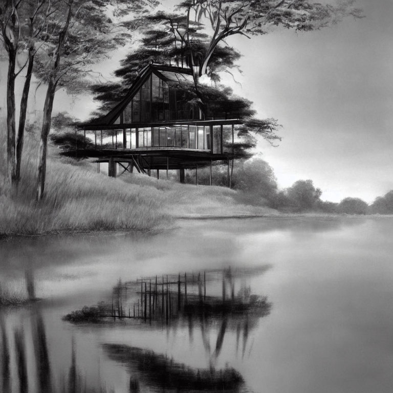 Monochrome lakeside scene with wooden stilt house reflection