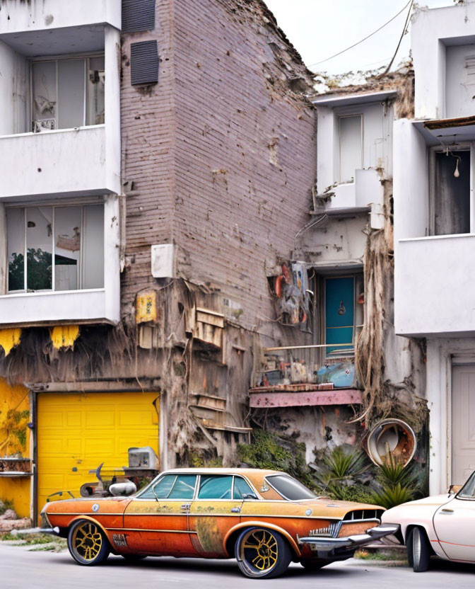 Decrepit vintage car outside rundown building with exposed structure.