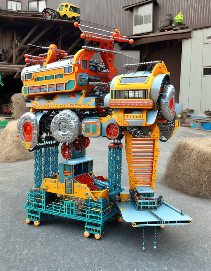 Colorful plastic construction toy robot with mechanical details in an industrial setting.