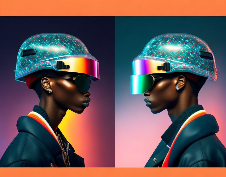 Dual Sparkling Helmet Portraits on Gradient Background