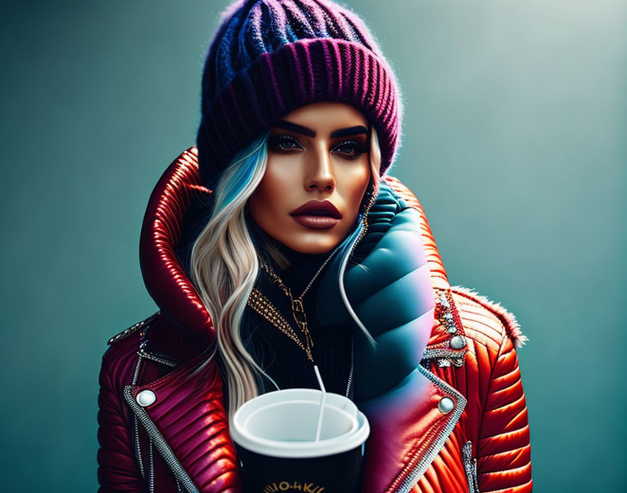 Fashionable Woman in Colorful Outfit with Coffee Cup