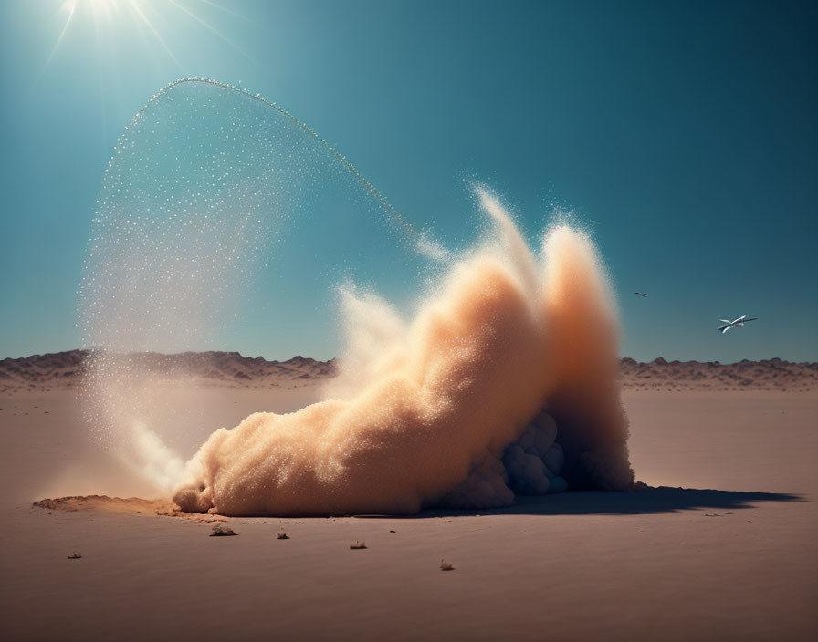 Dynamic sand explosion against clear blue sky with distant airplane