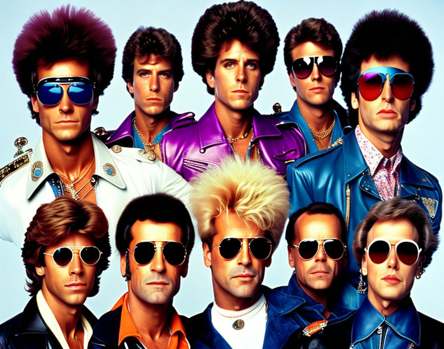 Eight Men in 1980s Hairstyles & Fashion on Blue Background