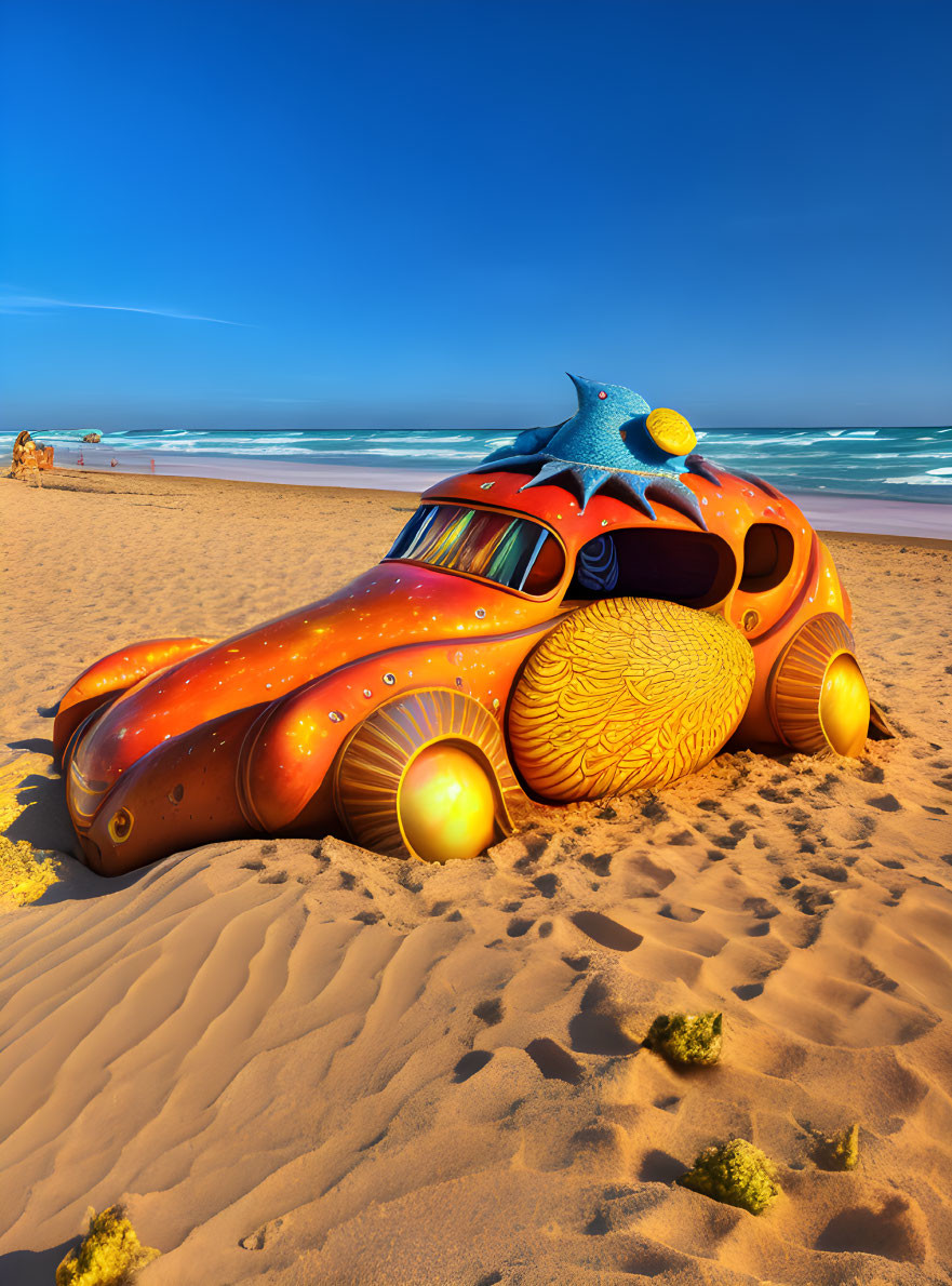 Vibrant car sculpture with blue starfish on sandy beach