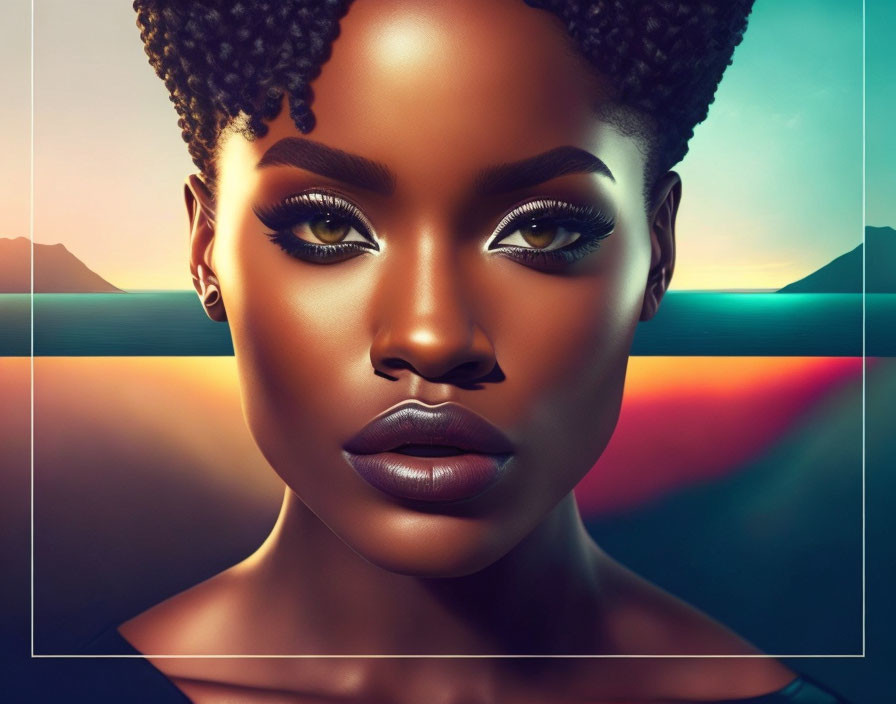 Digital portrait of woman with dark lipstick against ocean sunset