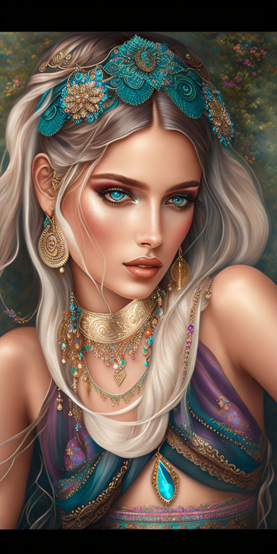 Portrait of woman with blue eyes in gold and turquoise jewelry and purple outfit