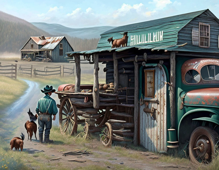 Man in cowboy hat with two dogs near old truck and "Hillbilly Hill" sign in