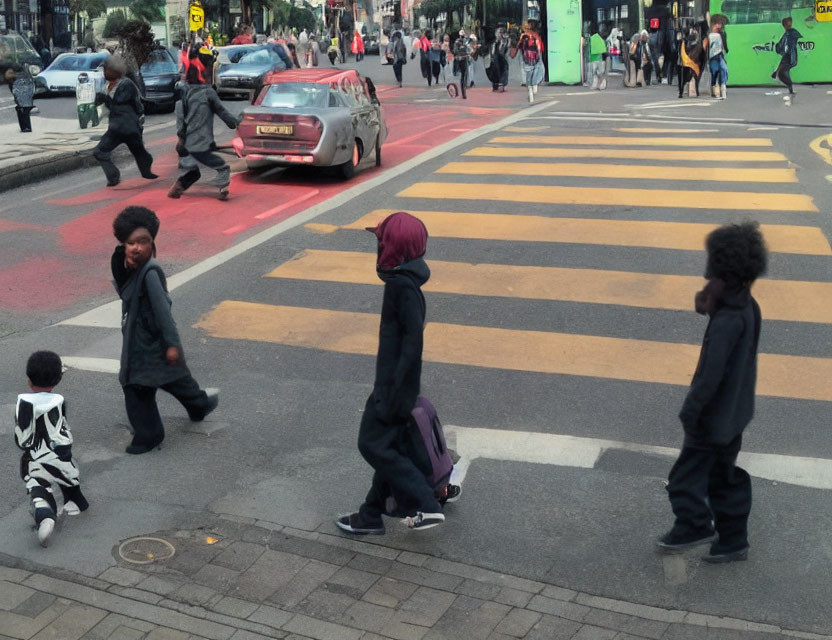 Pedestrians, child in cow-pattern outfit, vintage car, and city traffic scene.