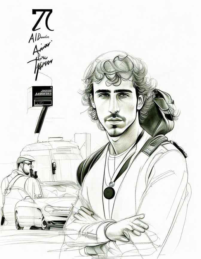 Curly-haired man in jacket with whistle, racing scene backdrop.